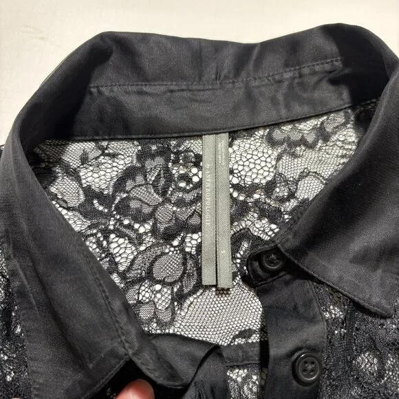 Anthropologie Black Lace Button Front Bodysuit Satin Trim Long Sleeve S - Picture 4 of 7